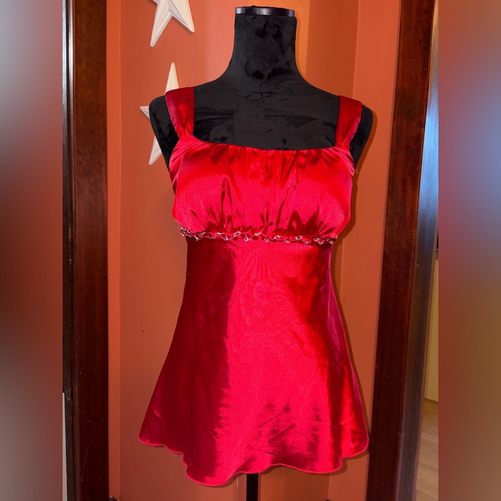 Vintage Y2K Byer California Red Satin Cocktail tank with chain detail